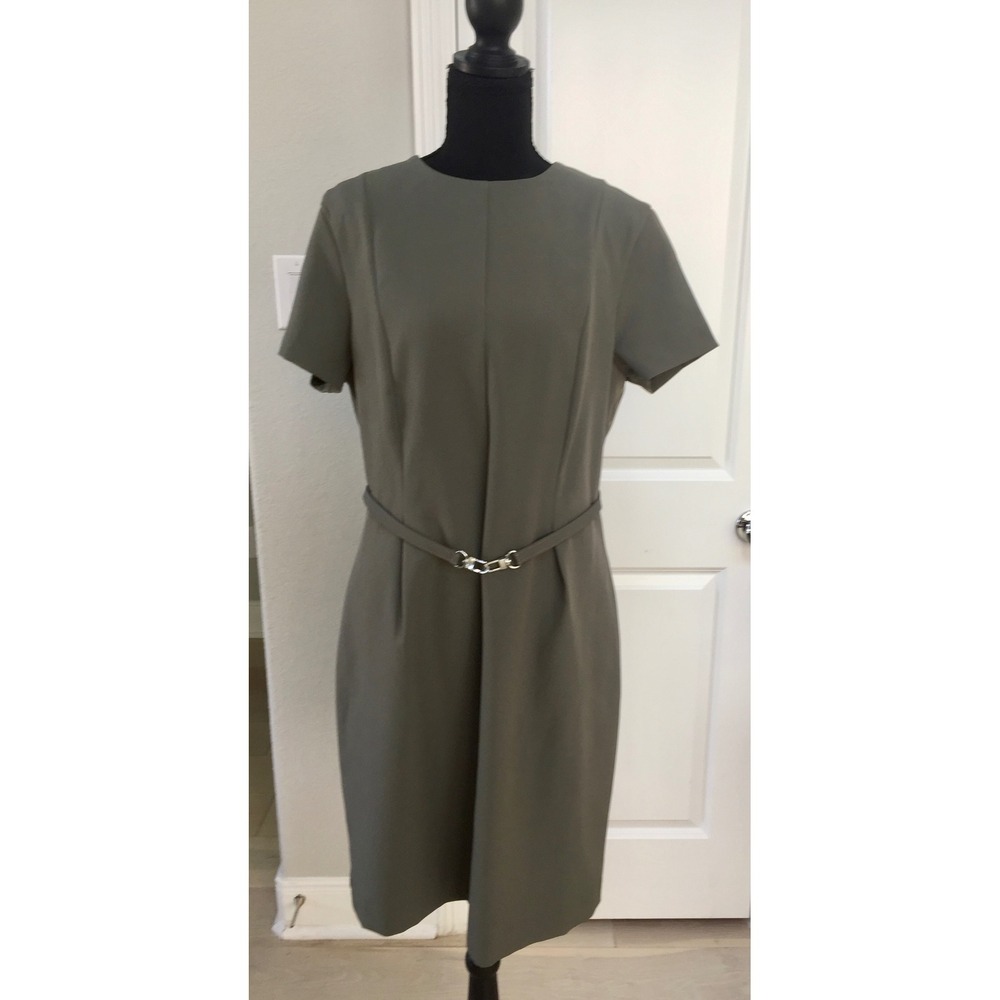 HM Womens Olive Green Short Sleeve Belted Sheath Dress Size L Professional Work